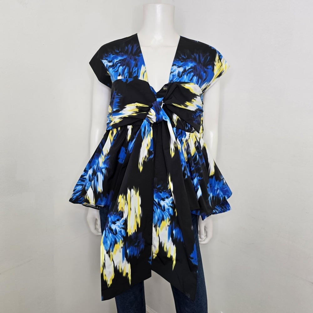 PSophia Lazado Taffeta Top Blouse Flared Peplum Hem Bow Tie Front Size M Zip NWT